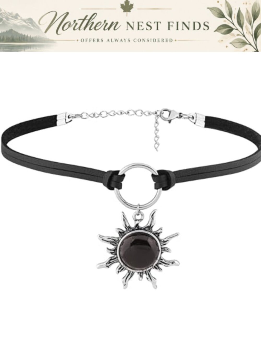 Gothic Boho Sun Crystal Faux Leather Choker Necklace Adjustable Lobster Clasp
